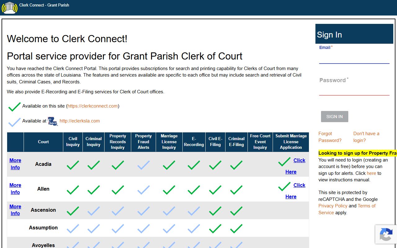 Grant Parish criminal court records ClerkConnect criminal inquiry