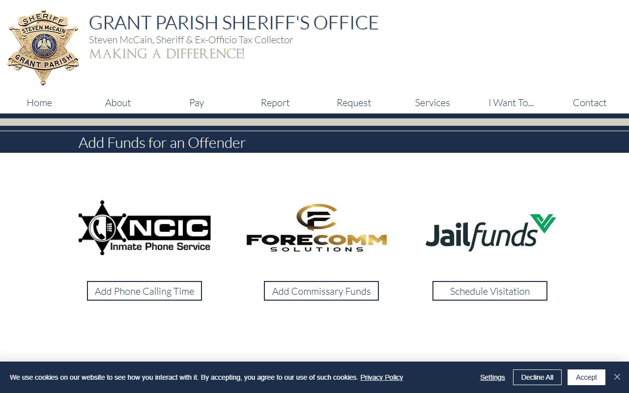 Grant Parish County inmate records offender funds and visitation page