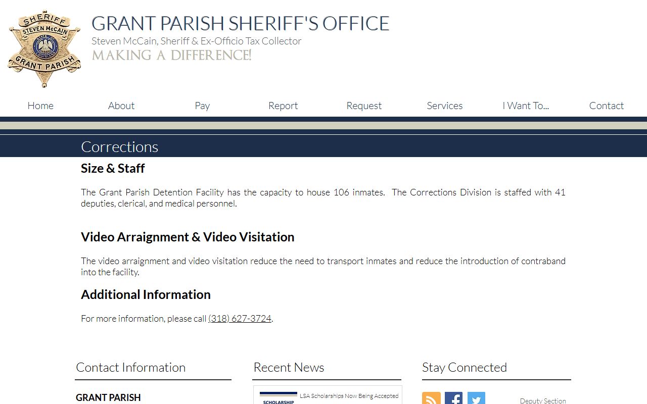 Grant Parish County inmate records corrections page from the Sheriff's Office