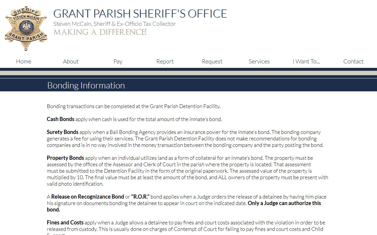 Grant Parish County warrant records bonding information from the Sheriff's Office